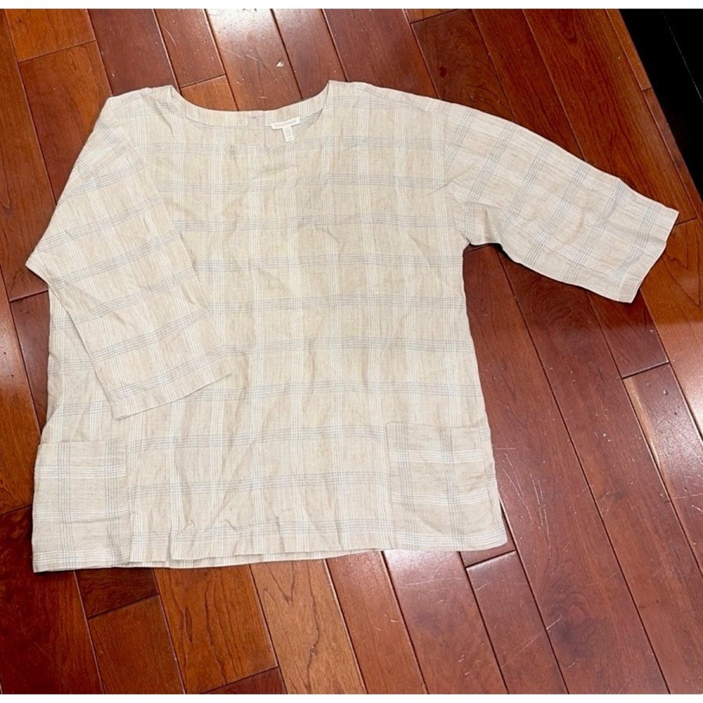 Eileen Fisher Linen Windowpane Top Sz L Coastal Grandma, Minimalist, Lagenlook